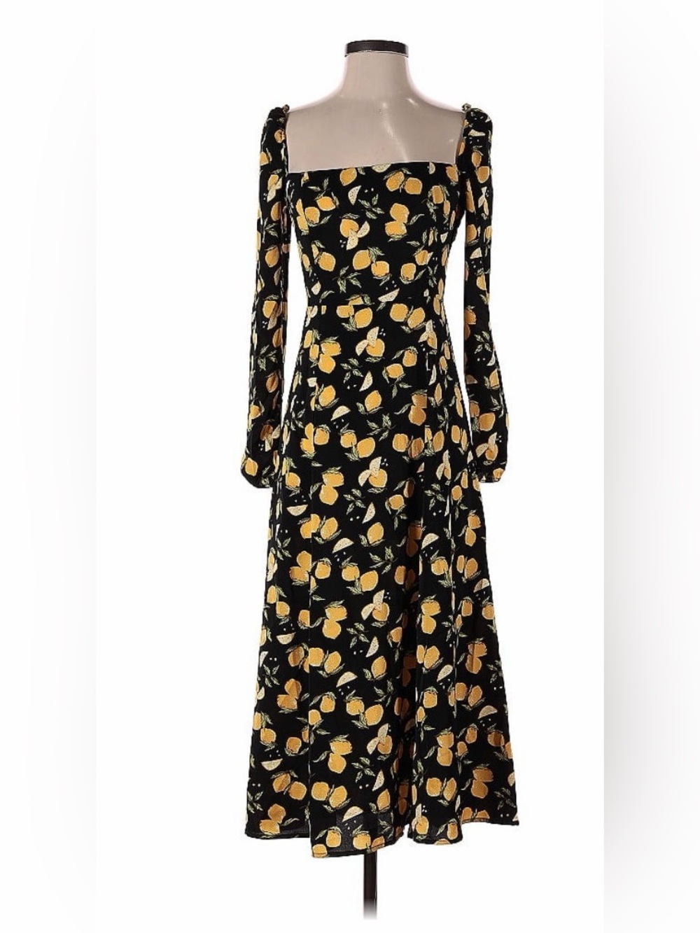 Black Lemon-Print Long Sleeve Midi Dress